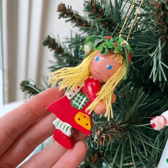 Vintage Wooden & Felt Christmas Ornaments Set of 4 Clowns, Girl, Swing Boy - Picture 6 of 7